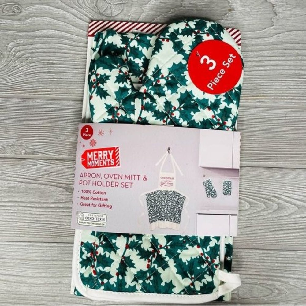 Merry moments 3 pack bundle of cooking accessories apron trivet and hot pad kich